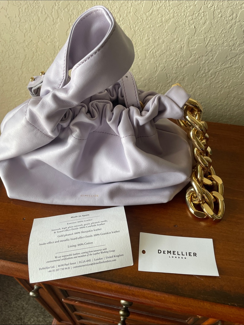DeMellier Lilac Mini Venice Leather Shoulder Bag with Gold Chain
